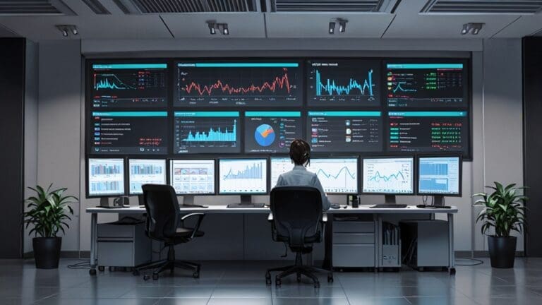 Oficina moderna con computadoras y pantallas mostrando gráficos financieros