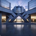 Moderno centro de innovación tecnológica con edificios de oficinas al amanecer.