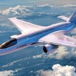 Concepto de un avión futurista de ala integrada despegando en un día despejado