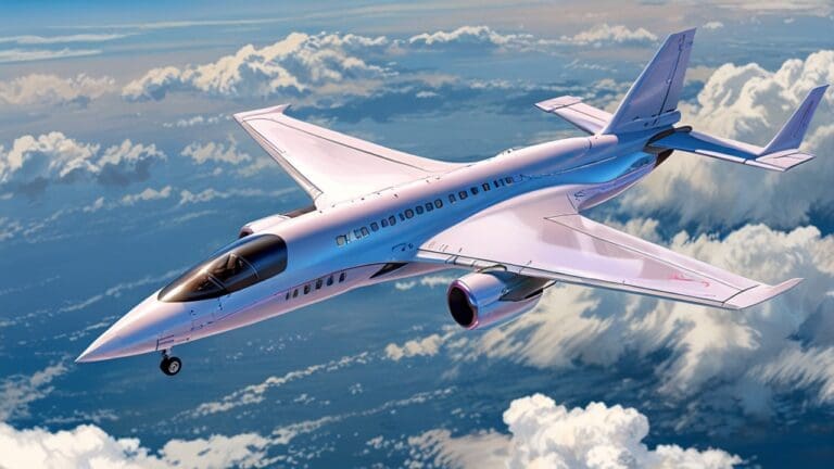 Concepto de un avión futurista de ala integrada despegando en un día despejado