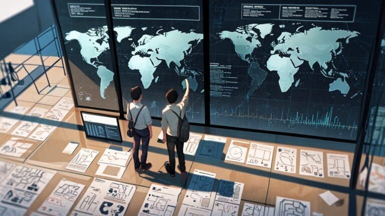 Vista aérea de una oficina moderna de una startup tecnológica en la ciudad con pantallas de datos y mapas de viaje.