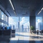Oficinas modernas de una empresa tecnológica con un entorno urbano dinámico y un cielo despejado