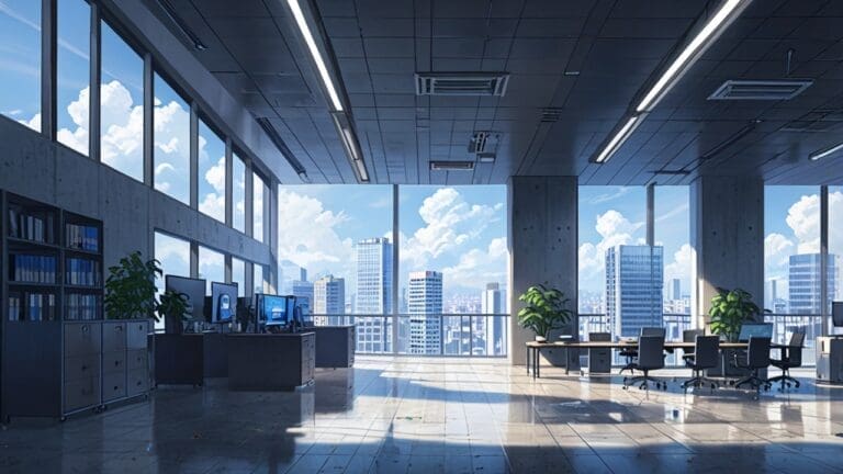 Oficinas modernas de una empresa tecnológica con un entorno urbano dinámico y un cielo despejado