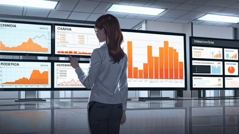 Oficina moderna con pantallas digitales mostrando gráficos de inversión sostenibles