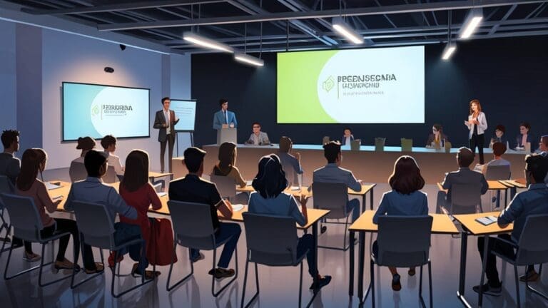 Representación moderna de un evento empresarial con emprendedores compartiendo ideas en un ambiente tecnológico.