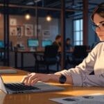 Manos de empresario revisando gráficos y análisis en una laptop, fondo de coworking moderno