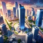 Vista aérea moderna de un centro de innovación empresarial en una ciudad cosmopolita