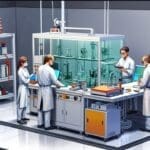 Laboratorio moderno con impresoras 3D y equipo de ingenieros analizando prótesis tecnológicas