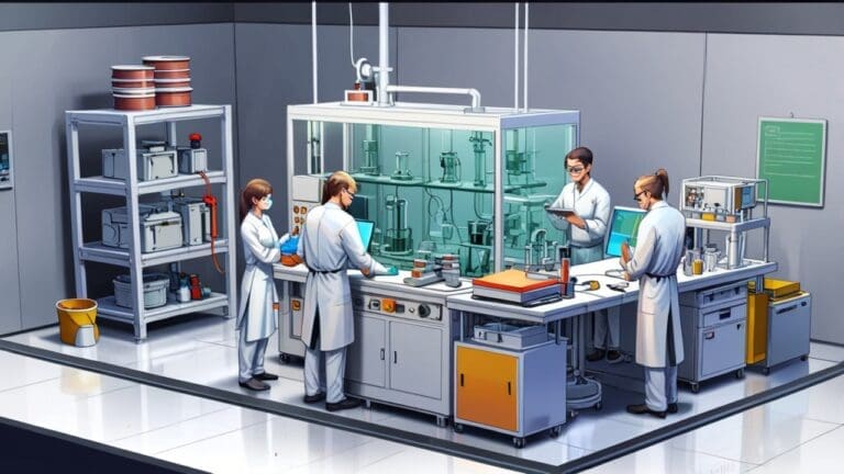 Laboratorio moderno con impresoras 3D y equipo de ingenieros analizando prótesis tecnológicas