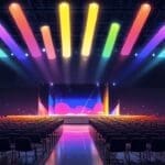 Moderno centro de convenciones iluminado con colores tecnológicos durante la noche.