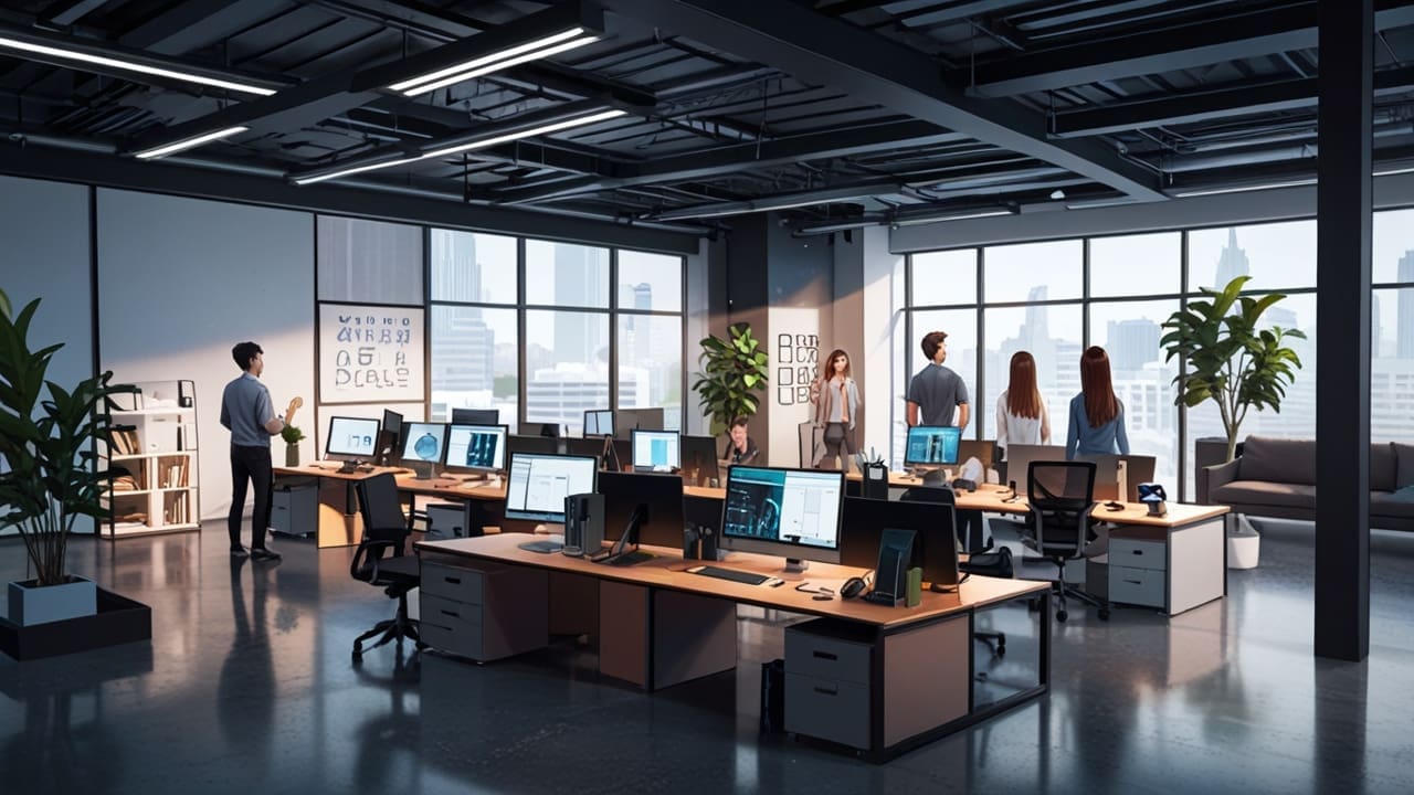Oficinas modernas de una startup tecnológica con equipo de computación en el centro.