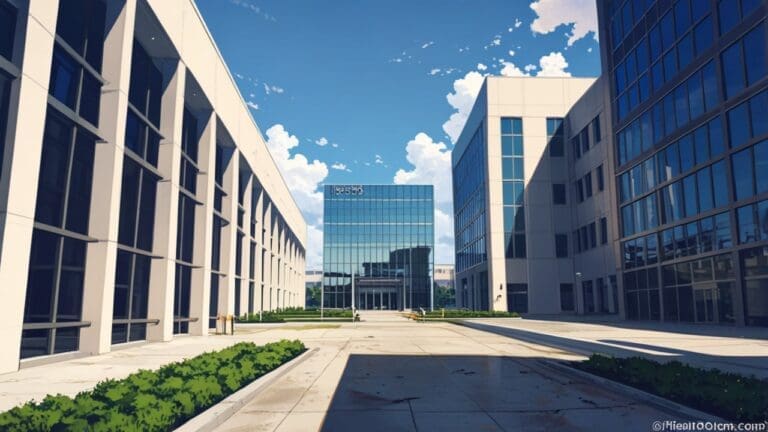 Oficinas modernas y tecnológicas de una startup en Houston vistas desde el exterior con un cielo despejado.