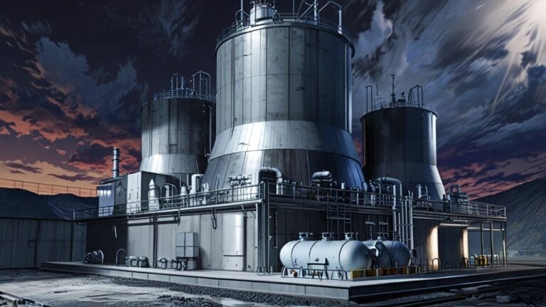 Render de un reactor nuclear modular rodeado de instalaciones tecnológicas en paisaje despejado y moderno