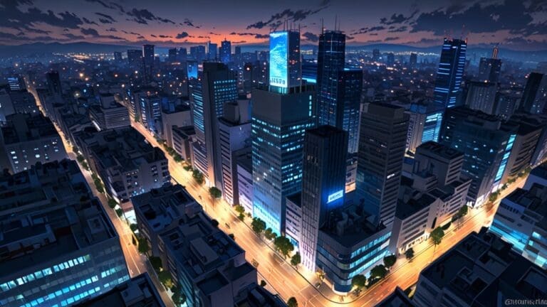 Vista panorámica de un distrito tecnológico moderno con edificios de oficinas y calles limpias, iluminado por luz natural
