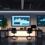 Interior moderno de una oficina tecnológica con pantallas que muestran gráficos financieros en tiempo real