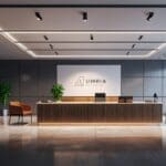 Oficinas modernas de una firma de abogados con enfoque tecnológico, iluminación neutra, ambiente profesional