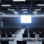 Sala de conferencias moderna iluminada con luz natural, stands de tecnología, ambiente empresarial profesional