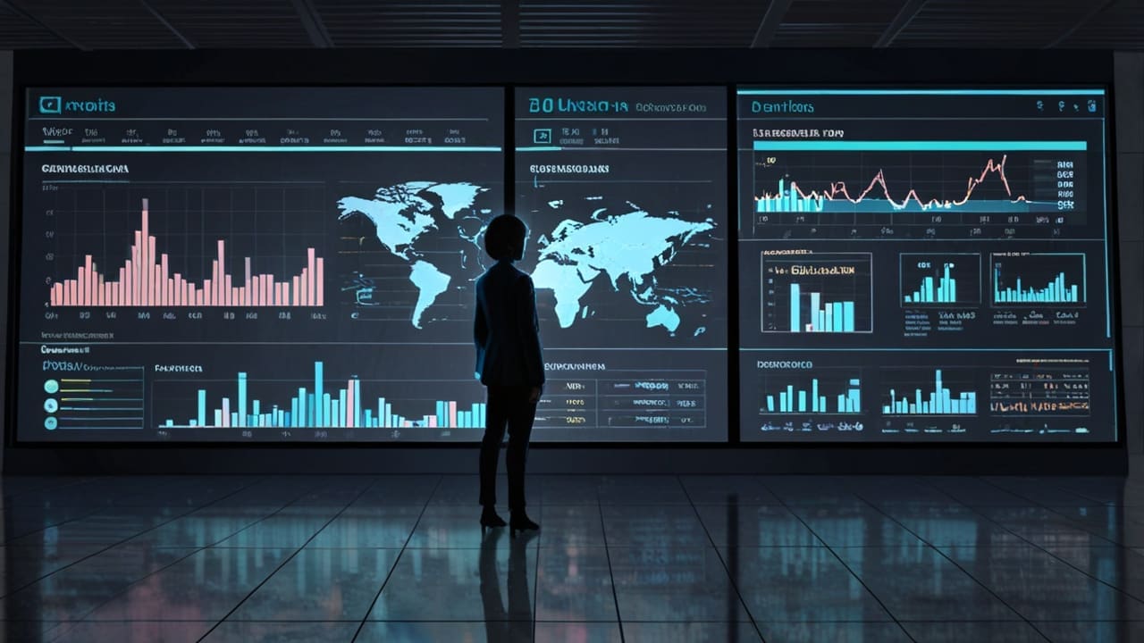 Oficinas tecnológicas modernas con pantallas de datos y gráficos de inteligencia artificial