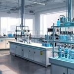 Laboratorio moderno equipado con dispositivos de tratamiento de agua y muestras líquidas en frascos etiquetados, iluminación neutra