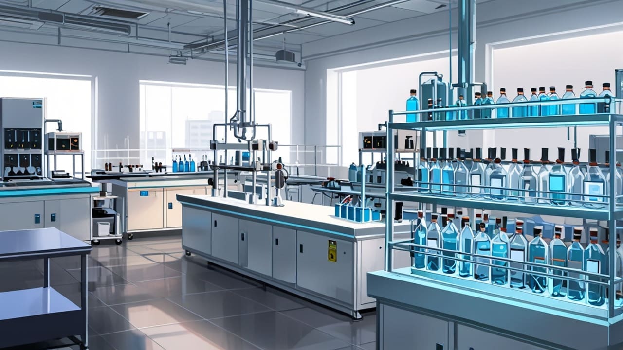 Laboratorio moderno equipado con dispositivos de tratamiento de agua y muestras líquidas en frascos etiquetados, iluminación neutra