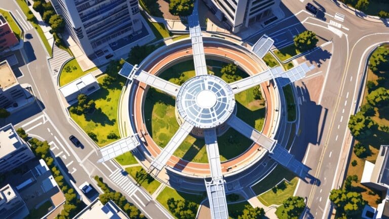 Vista aérea de un moderno centro tecnológico con zonas de prueba para drones en las afueras de una ciudad