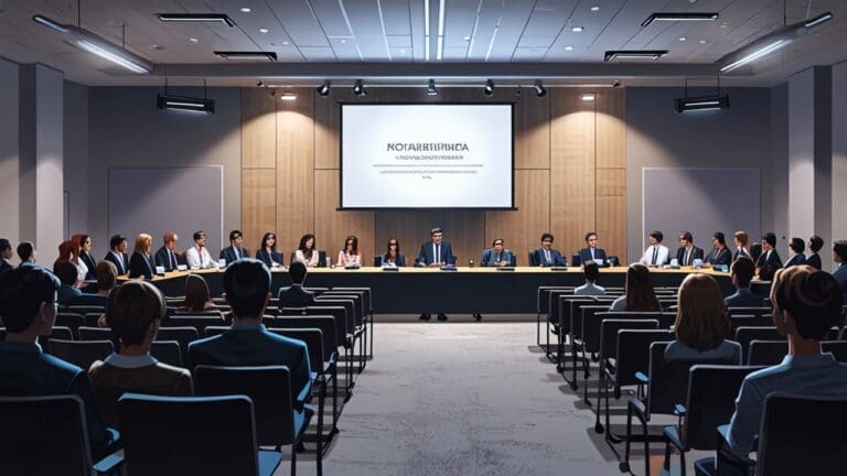 Sala de conferencias moderna con emprendedores presentando proyectos frente a inversionistas internacionales