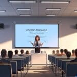 Sala de conferencias moderna con emprendedores tomando nota frente a una presentación tecnológica en una pantalla grande