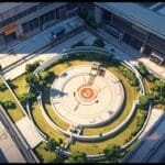 Vista aérea de una zona boscosa con sensores y tecnología digital superpuesta en un entorno corporativo moderno