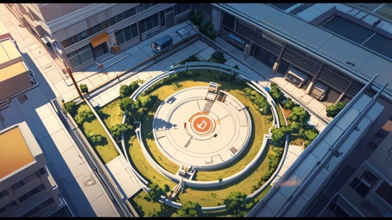 Vista aérea de una zona boscosa con sensores y tecnología digital superpuesta en un entorno corporativo moderno