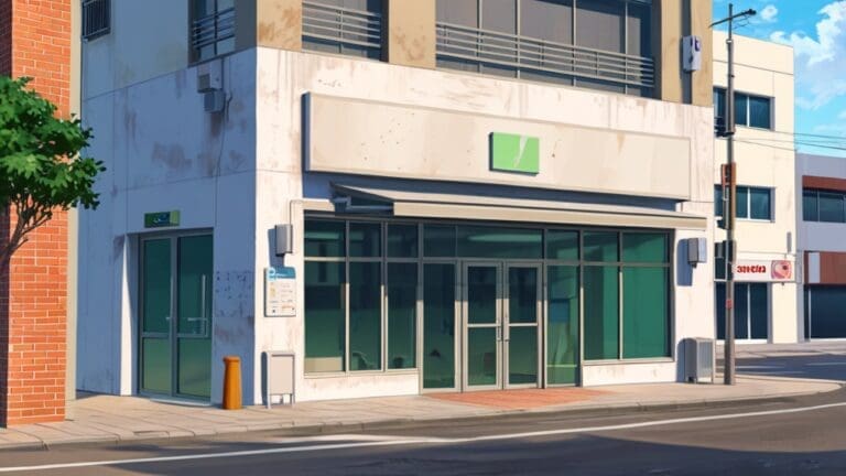 Fachada moderna de una clínica tecnológica en un entorno urbano pequeño y soleado