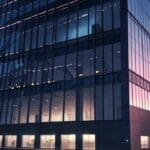 Edificios corporativos modernos con luces encendidas al anochecer
