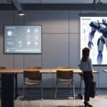 Oficina moderna con pantallas mostrando gráficos de IA y un robot digital proyectado en una sala de reuniones tecnológica