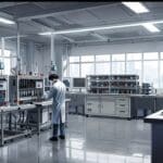 Interior de un laboratorio tecnológico con maquinaria industrial moderna y pantallas que muestran datos de captura de carbono