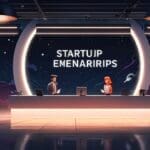 Espacio moderno y tecnológico con emblemas de startups innovadoras.