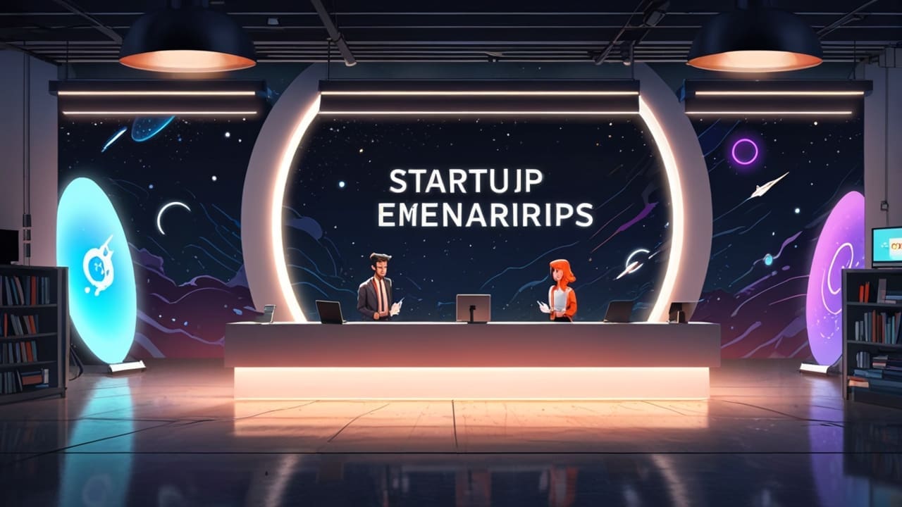Espacio moderno y tecnológico con emblemas de startups innovadoras.
