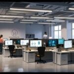 Oficinas modernas de una startup tecnológica con pantallas y desarrolladores trabajando en un entorno colaborativo