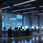 Oficinas modernas de una startup tecnológica con servidores y pantallas mostrando flujos de datos e inteligencia artificial