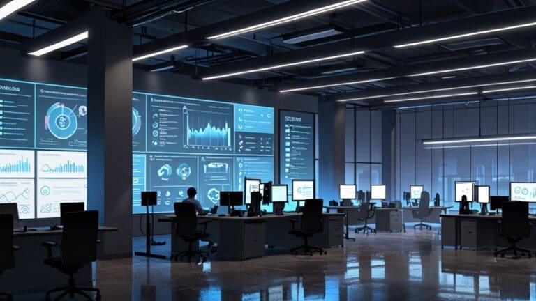 Oficinas modernas de una startup tecnológica con servidores y pantallas mostrando flujos de datos e inteligencia artificial