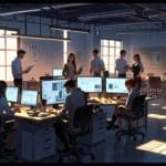 Oficina moderna con equipos tecnológicos y emprendedores trabajando en laptops en un entorno colaborativo