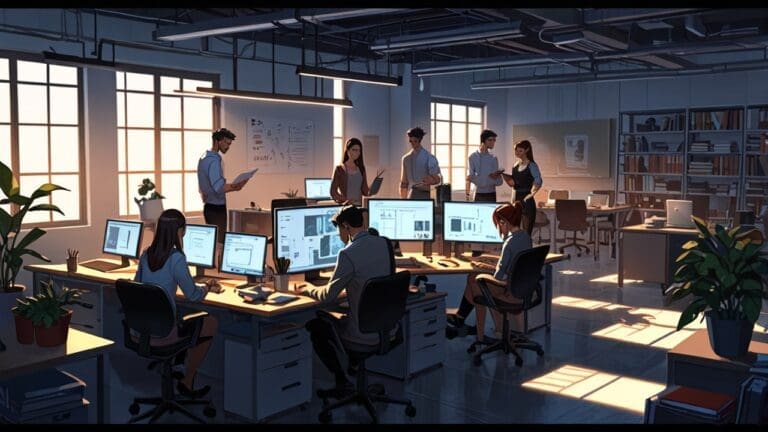 Oficina moderna con equipos tecnológicos y emprendedores trabajando en laptops en un entorno colaborativo