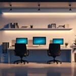 Oficina moderna con escritorios minimalistas y laptops encendidos, luz suave natural al amanecer, ambiente tecnológico y profesional