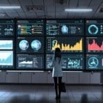 Oficina moderna con pantallas mostrando gráficos de datos médicos y elementos de tecnología de inteligencia artificial