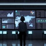 Oficina moderna con pantallas mostrando gráficos de inteligencia artificial y código.