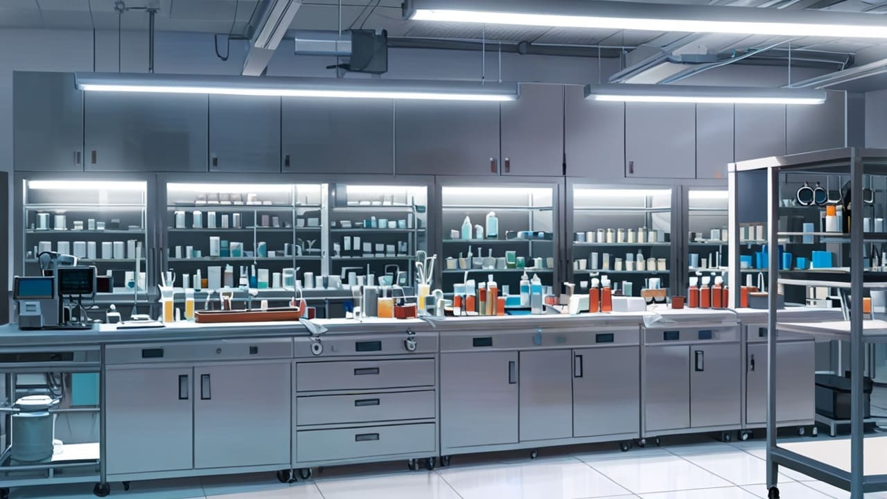 Laboratorio moderno con equipos biotecnológicos avanzados en un entorno limpio y corporativo, iluminado profesionalmente