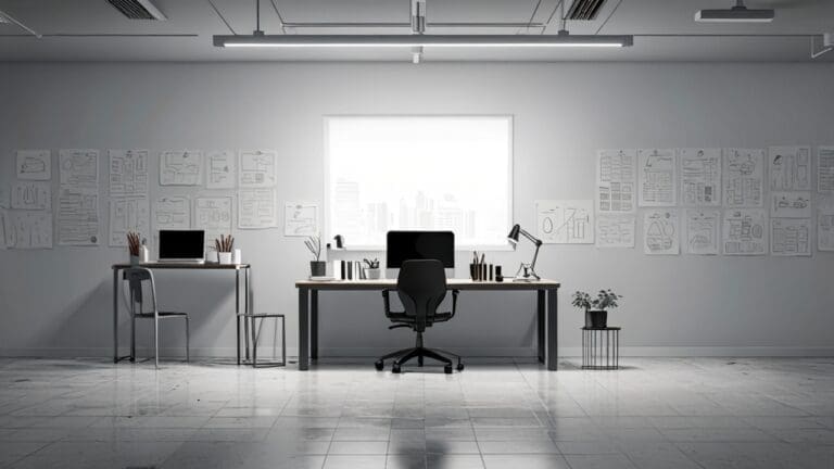 Oficina moderna con escritorios minimalistas y una laptop abierta mostrando gráficos financieros en pantalla