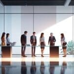 Sala de reuniones moderna con representantes de instituciones tecnológicas firmando un acuerdo sobre una mesa de cristal