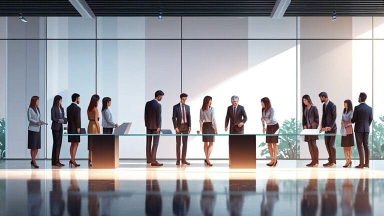 Sala de reuniones moderna con representantes de instituciones tecnológicas firmando un acuerdo sobre una mesa de cristal