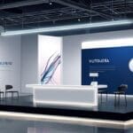 Primer plano de un proyectil de artillería futurista sobre una mesa de exposición en una feria tecnológica, con fondo desenfocado y luz neutra