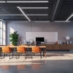 Interior de una moderna oficina con ambiente colaborativo y tecnológico