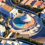 Vista aérea del centro de convenciones de Marbella con tecnología moderna y ambiente innovador
